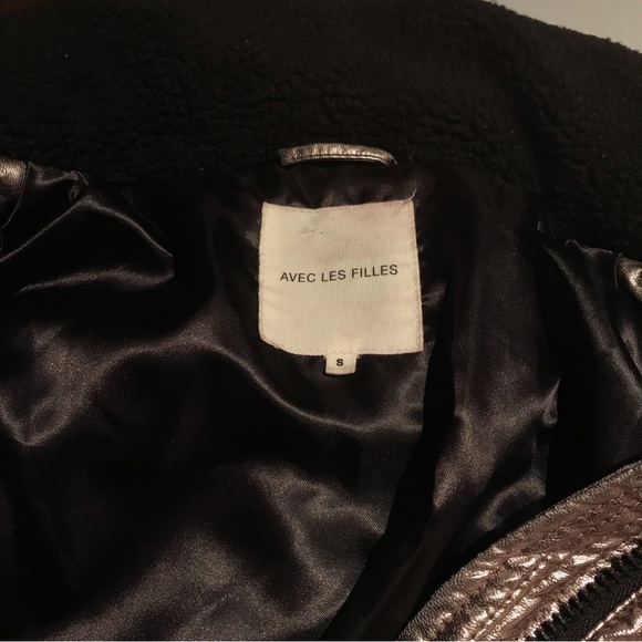 Avec Les Filles Metallic Faux Leather Coated Shiny Puffer Jacket Faux Fur - Picture 10 of 12